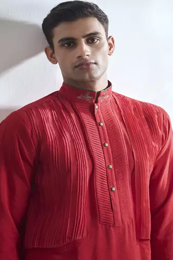 Red embroidered cotton kurta pajama