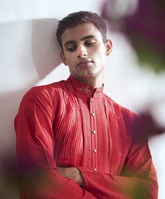 Red embroidered cotton kurta pajama 5