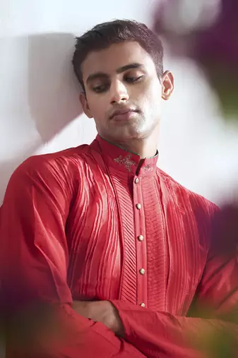Red embroidered cotton kurta pajama