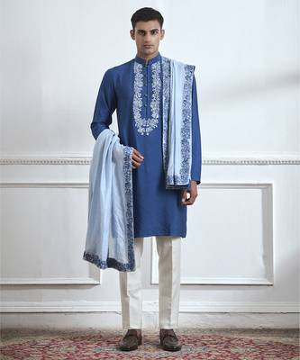Blue embroidered cotton kurta pajama 4