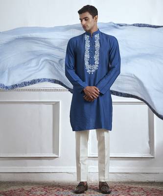 Blue embroidered cotton kurta pajama 5