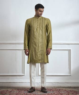Green embroidered cotton kurta pajama 1