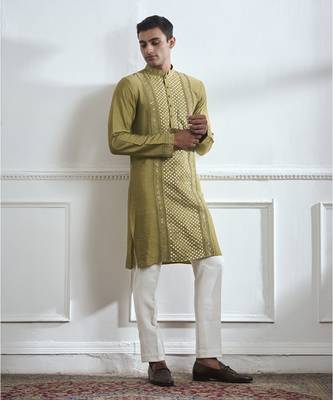Green embroidered cotton kurta pajama 2