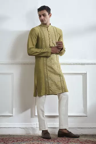 Green embroidered cotton kurta pajama