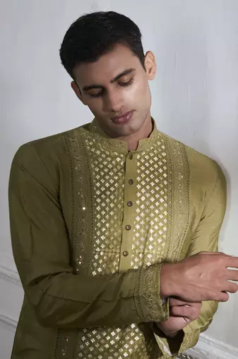 Green embroidered cotton kurta pajama
