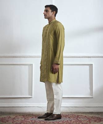 Green embroidered cotton kurta pajama 5