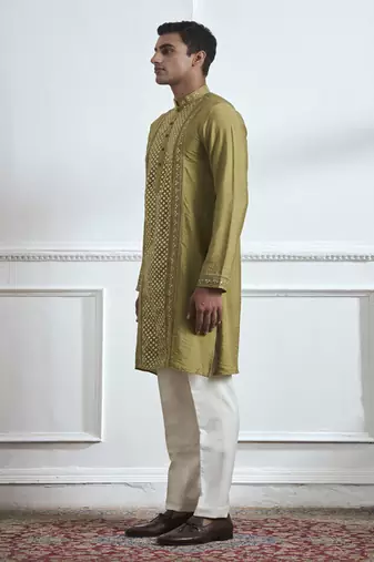 Green embroidered cotton kurta pajama