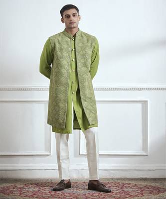 Green embroidered cotton kurta jacket set 1