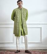 Green embroidered cotton kurta jacket set