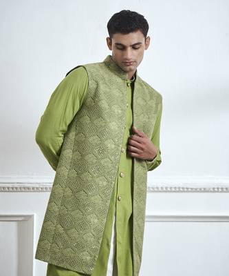 Green embroidered cotton kurta jacket set 2