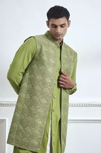 Green embroidered cotton kurta jacket set
