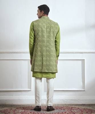 Green embroidered cotton kurta jacket set 3