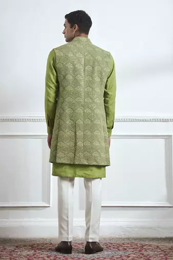 Green embroidered cotton kurta jacket set