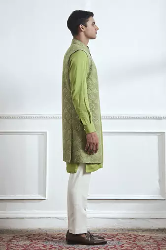 Green embroidered cotton kurta jacket set