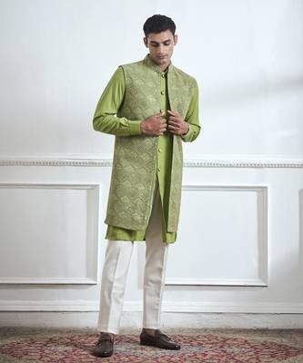 Green embroidered cotton kurta jacket set 5
