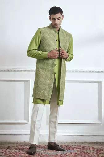 Green embroidered cotton kurta jacket set