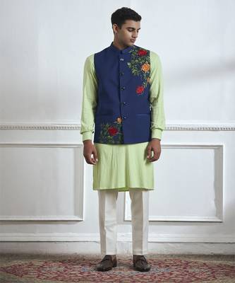 Blue embroidered cotton kurta jacket set 1