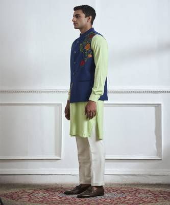 Blue embroidered cotton kurta jacket set 2