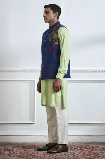 Blue embroidered cotton kurta jacket set