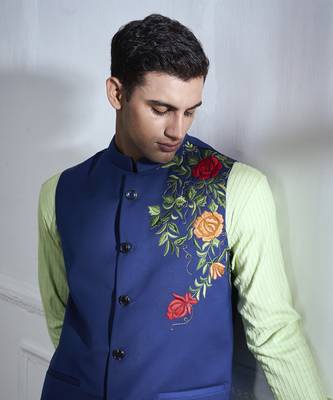 Blue embroidered cotton kurta jacket set 4