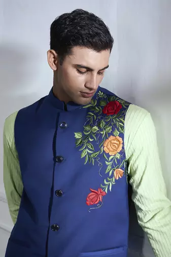 Blue embroidered cotton kurta jacket set