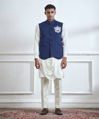 Blue embroidered cotton kurta jacket set 1
