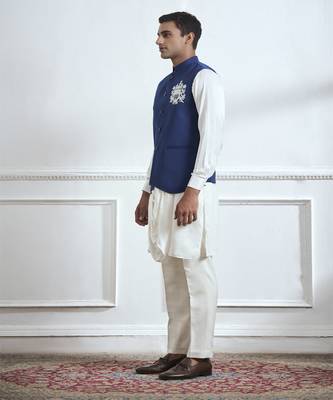 Blue embroidered cotton kurta jacket set 2