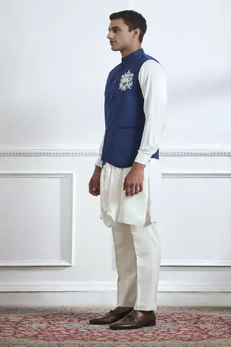 Blue embroidered cotton kurta jacket set