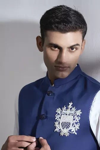 Blue embroidered cotton kurta jacket set