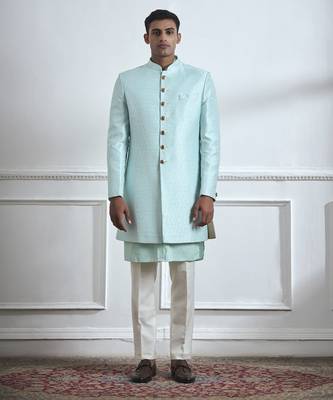 Turquoise hand woven cotton kurta jacket set 1