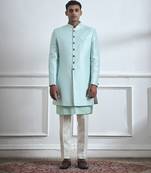Turquoise hand woven cotton kurta jacket set