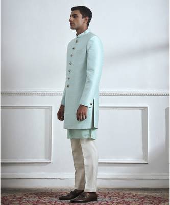 Turquoise hand woven cotton kurta jacket set 2