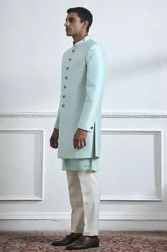 Turquoise hand woven cotton kurta jacket set
