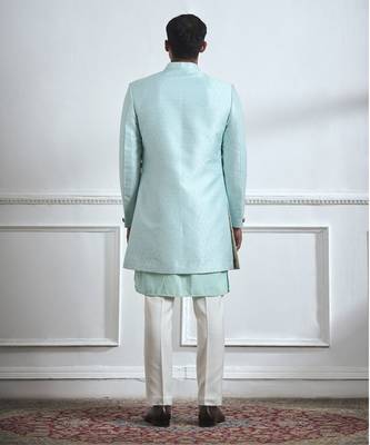 Turquoise hand woven cotton kurta jacket set 3