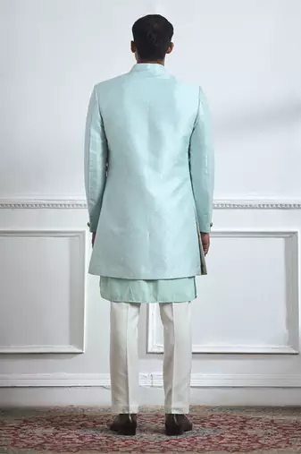 Turquoise hand woven cotton kurta jacket set