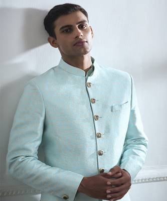 Turquoise hand woven cotton kurta jacket set 4