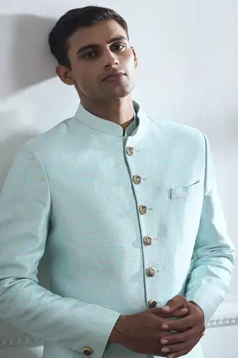 Turquoise hand woven cotton kurta jacket set