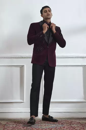 Black embroidered cotton tuxedo