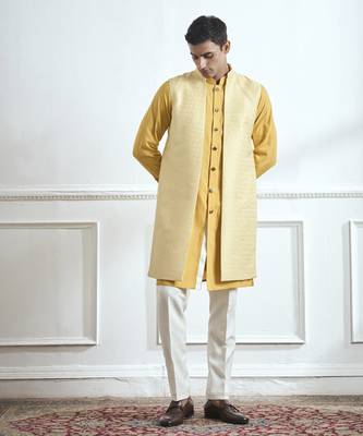 Yellow hand woven cotton kurta jacket set 1