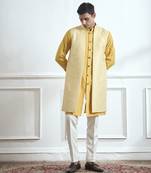 Yellow hand woven cotton kurta jacket set