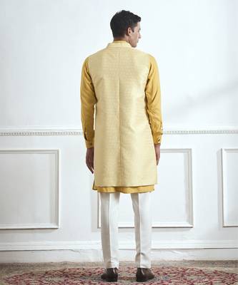 Yellow hand woven cotton kurta jacket set 2