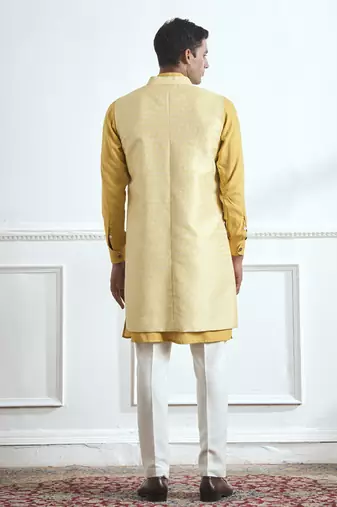 Yellow hand woven cotton kurta jacket set