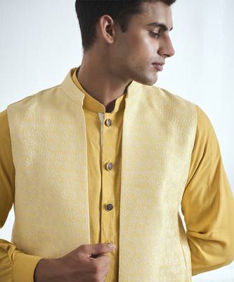 Yellow hand woven cotton kurta jacket set 3