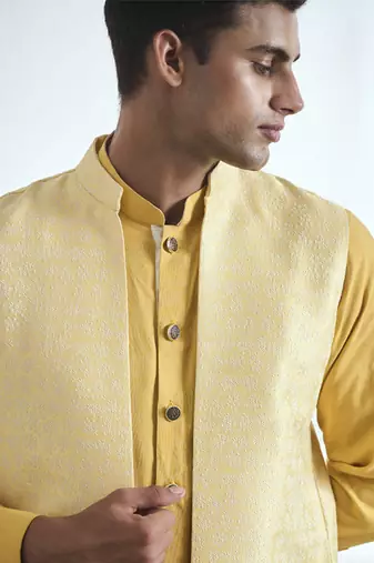 Yellow hand woven cotton kurta jacket set