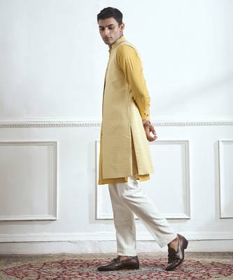 Yellow hand woven cotton kurta jacket set 4