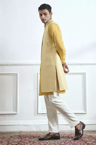 Yellow hand woven cotton kurta jacket set