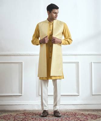 Yellow hand woven cotton kurta jacket set 5