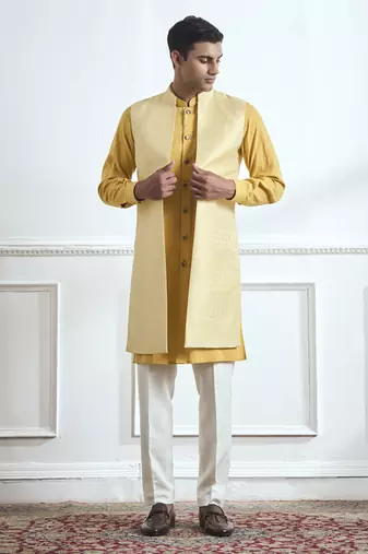 Yellow hand woven cotton kurta jacket set
