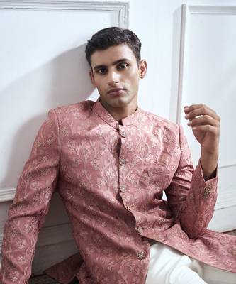 Pink embroidered cotton sherwani 4