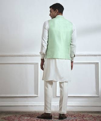 Green hand woven cotton kurta jacket set 2